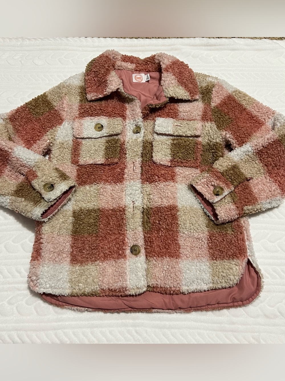 💗 Wonder Nation - Kids Plush Plaid Shacket Jacket - Pink & Tan